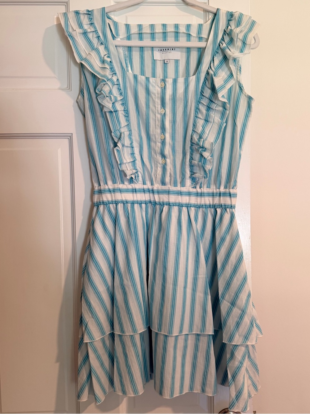 The Shirt by Rochelle Behrens Stella Ruffle Dress Blue Stripe Button Down Small